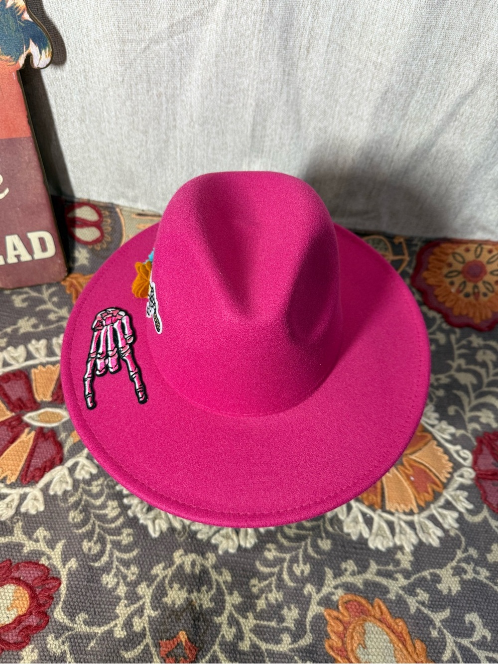 Bright Fuchsia pink  Wide-Brim Fedora with Embroidered Patches